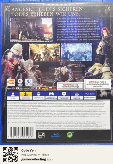 Code Vein PlayStation 4, Germany box back