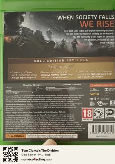 Tom Clancy's The Division Xbox One, PAL box back