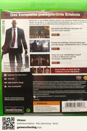Hitman Xbox One, Germany box back