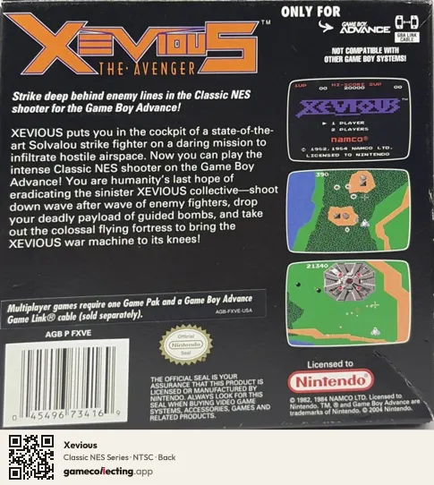 Xevious Game Boy Advance, NTSC box back