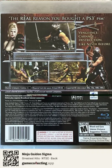 Ninja Gaiden Sigma PlayStation 3, NTSC box back