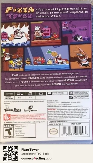 Pizza Tower Nintendo Switch, NTSC box back