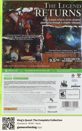 King's Quest: The Complete Collection Xbox 360, NTSC box back