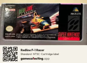 Redline F-1 Racer Super Nintendo Entertainment System, NTSC cartridge label