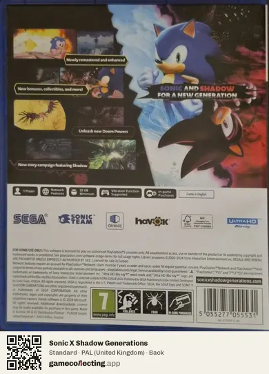 Sonic X Shadow Generations PlayStation 5, United Kingdom box back