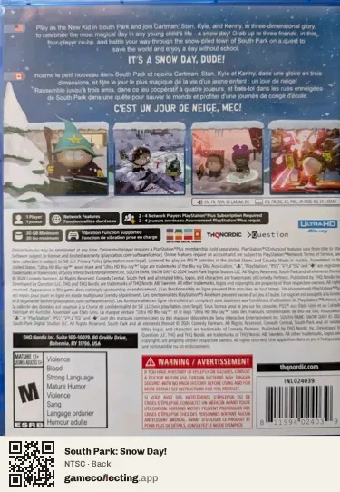 South Park: Snow Day! PlayStation 5, NTSC box back