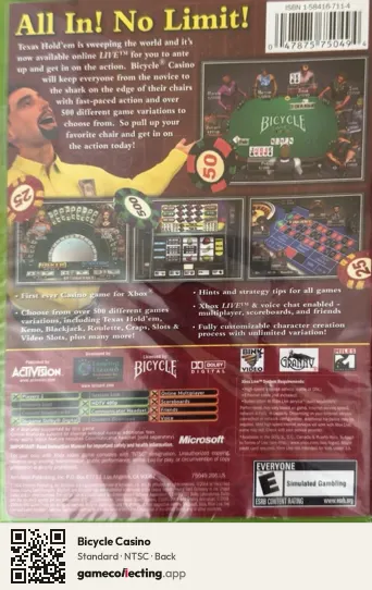 Bicycle Casino Xbox, NTSC box back