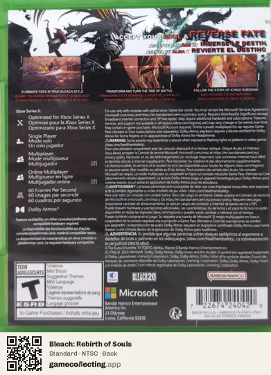 Bleach: Rebirth of Souls Xbox Series X, NTSC box back