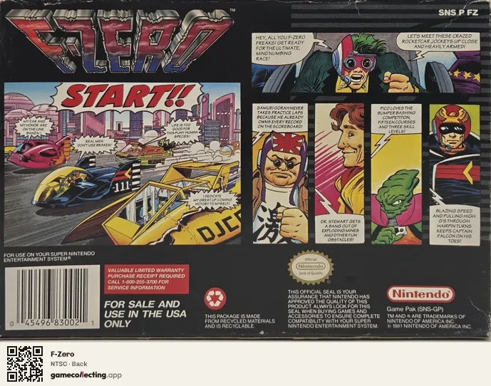 F-Zero Super Nintendo Entertainment System, NTSC box back