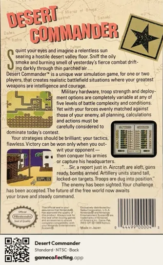 Desert Commander Nintendo Entertainment System, NTSC box back