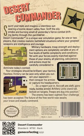 Desert Commander Nintendo Entertainment System, NTSC box back