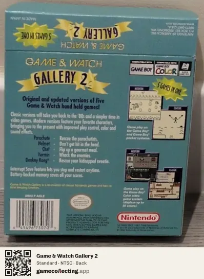 Game & Watch Gallery 2 Game Boy Color, NTSC box back