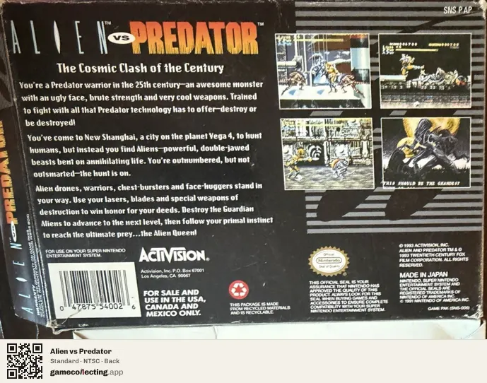 Alien vs Predator Super Nintendo Entertainment System, NTSC box back