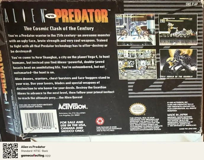 Alien vs Predator Super Nintendo Entertainment System, NTSC box back