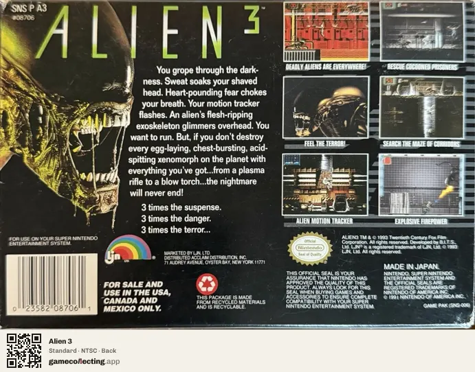 Alien 3 Super Nintendo Entertainment System, NTSC box back
