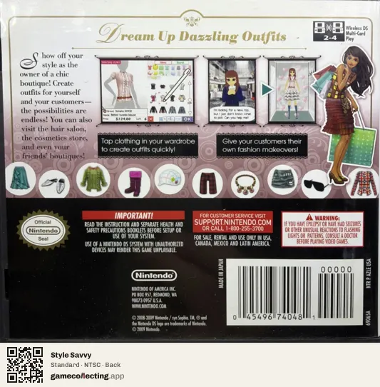 Style Savvy Nintendo DS, NTSC box back