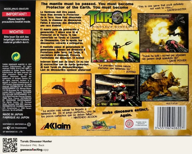 Turok: Dinosaur Hunter Nintendo 64, PAL box back