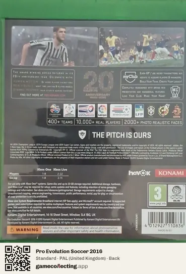 Pro Evolution Soccer 2016 Xbox One, United Kingdom box back