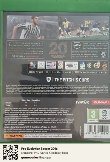 Pro Evolution Soccer 2016 Xbox One, United Kingdom box back