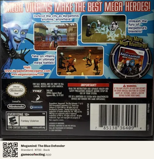 Megamind: The Blue Defender Nintendo DS, NTSC box back