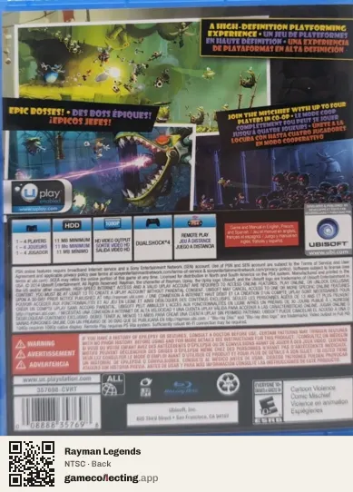 Rayman Legends PlayStation 4, NTSC box back