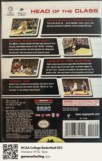 NCAA College Basketball 2K3 Nintendo GameCube, NTSC box back