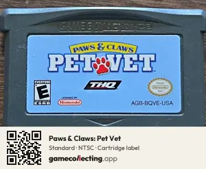 Paws & Claws: Pet Vet Game Boy Advance, NTSC cartridge label