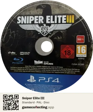 Sniper Elite III PlayStation 4, PAL disc