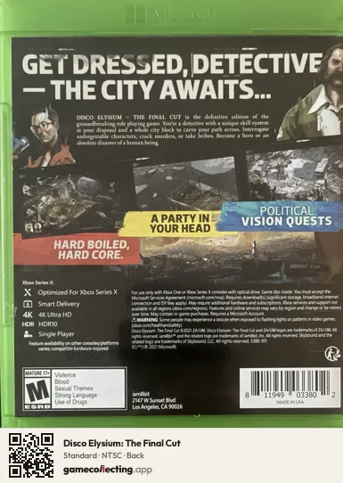 Disco Elysium: The Final Cut Xbox Series X, NTSC box back