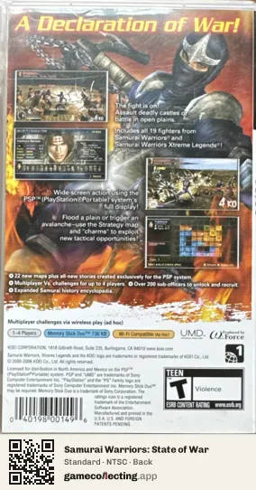 Samurai Warriors: State of War PlayStation Portable, NTSC box back