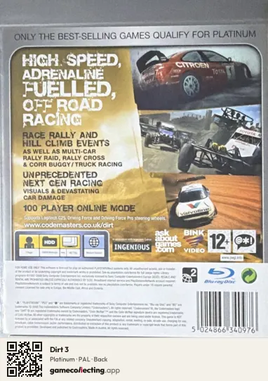 Dirt 3 PlayStation 3, PAL box back