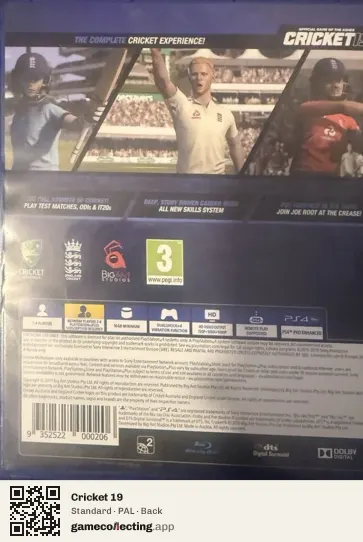 Cricket 19 PlayStation 4, PAL box back
