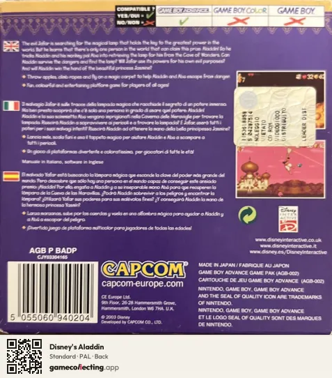 Disney's Aladdin Game Boy Advance, PAL box back