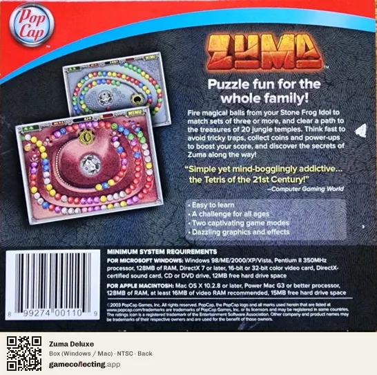 Zuma Deluxe Computer, NTSC box back