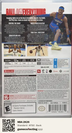 NBA 2K26 Nintendo Switch, NTSC box back