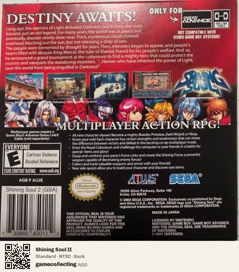 Shining Soul II Game Boy Advance, NTSC box back