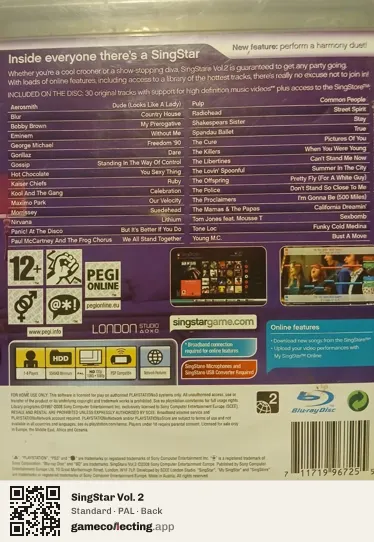 SingStar Vol. 2 PlayStation 3, PAL box back