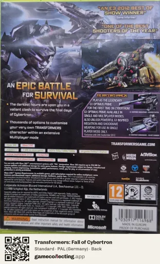 Transformers: Fall of Cybertron Xbox 360, Germany box back