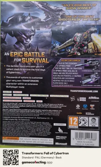 Transformers: Fall of Cybertron Xbox 360, Germany box back