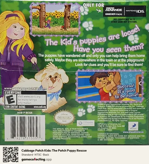 Cabbage Patch Kids: The Patch Puppy Rescue Game Boy Advance, NTSC box back