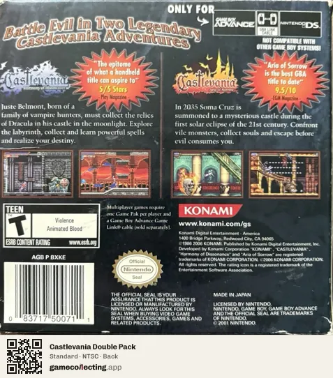 Castlevania Double Pack Game Boy Advance, NTSC box back