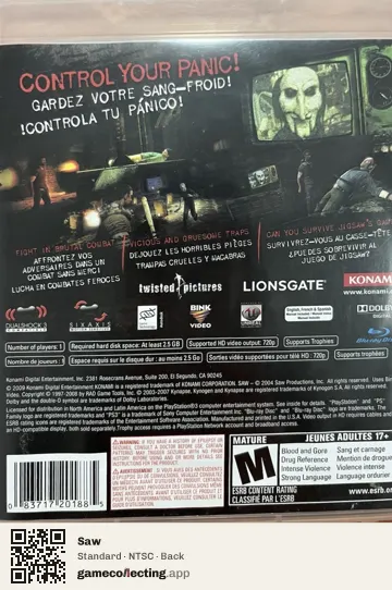 Saw PlayStation 3, NTSC box back