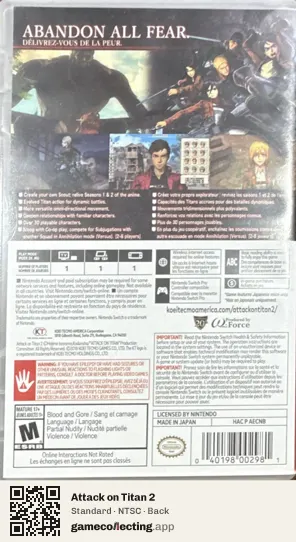 Attack on Titan 2 Nintendo Switch, NTSC box back