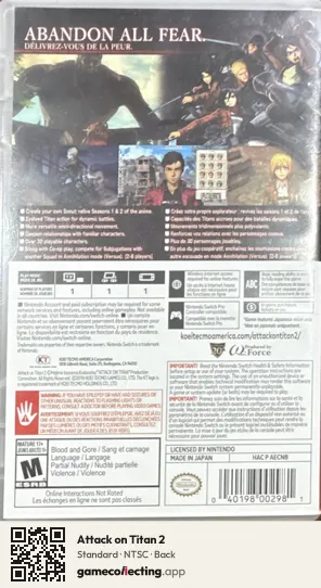 Attack on Titan 2 Nintendo Switch, NTSC box back