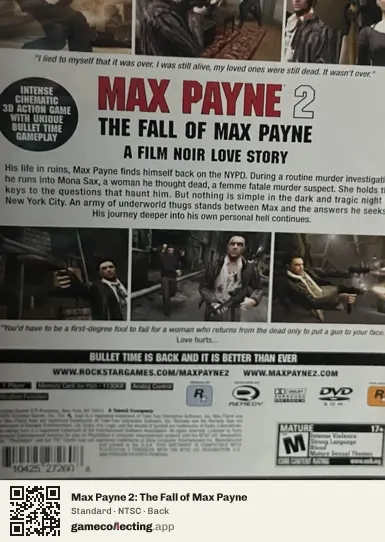Max Payne 2: The Fall of Max Payne PlayStation 2, NTSC box back