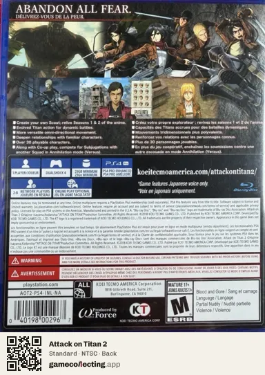 Attack on Titan 2 PlayStation 4, NTSC box back