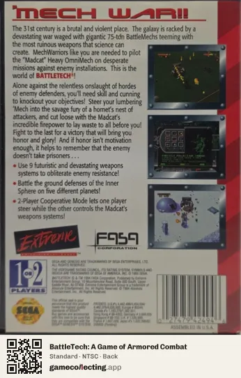 BattleTech: A Game of Armored Combat Sega Mega Drive / Genesis, NTSC box back