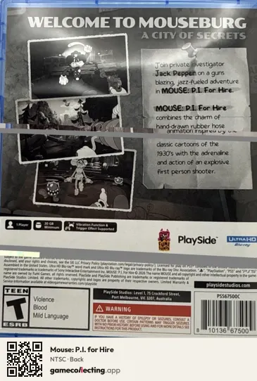 Mouse: P.I. for Hire PlayStation 5, NTSC box back