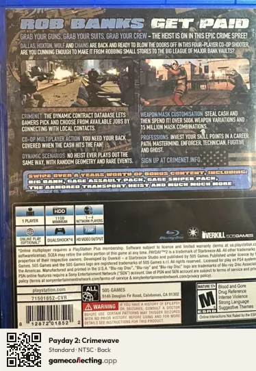 Payday 2: Crimewave PlayStation 4, NTSC box back