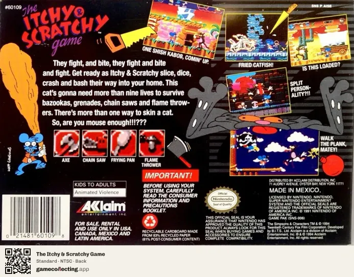 The Itchy & Scratchy Game Super Nintendo Entertainment System, NTSC box back